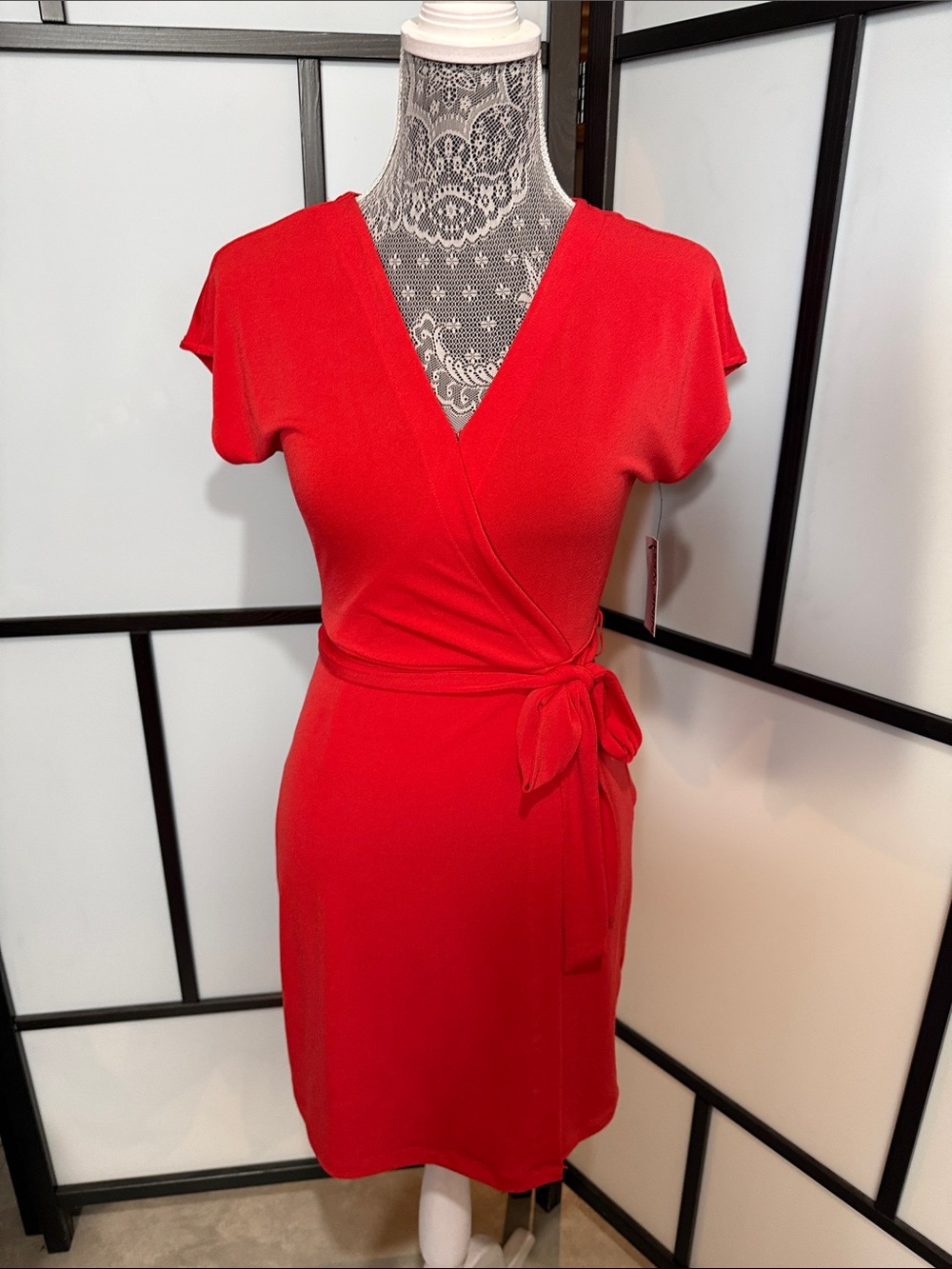 Nine West Bright Red Wrap Mini Dress with Side Tie
